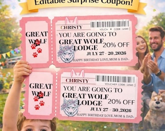 Boleto sorpresa imprimible/editable para Great Wolf Lodge / Boleto sorpresa para viaje de cumpleaños / Revelación de regalo para niños / Boleto sorpresa para vacaciones /
