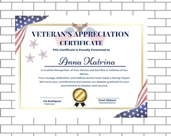 May include: A certificate of appreciation for a veteran, with a red, white, and blue American flag design. The certificate is presented to Anna Katrina in recognition of her service and sacrifice in defense of the nation.