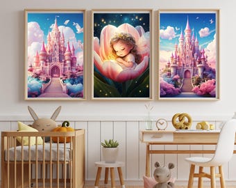 Fairy Princess Nursery Art: Magical Castle, Sleeping Baby, Set of 3.