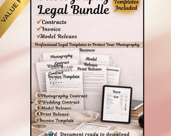 Paquete de contratos de fotografía / Contrato con el cliente, contrato de boda, autorización de modelo, autorización de impresión y factura / Plantillas de Word editables
