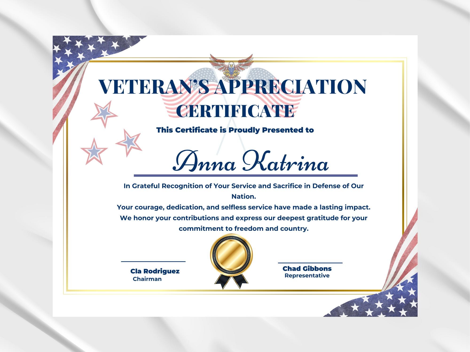 veteran appreciation certificate template: us flag (digital