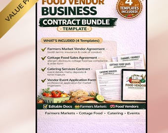Paquete de contratos para vendedores de alimentos / Acuerdo para vendedores de mercados de agricultores, venta de alimentos caseros, contrato de catering y solicitud para vendedores / Plantillas de Word