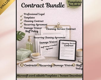 Paquete de contratos para empresas de limpieza / Contrato de servicios, acuerdo recurrente, exención de responsabilidad por daños y política de personal / Plantillas de Word editables
