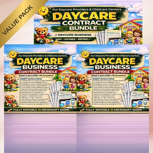 Könnte beinhalten: Ein Bündel von Tagespflege-Vertragsvorlagen mit dem Text "DAYCARE CONTRACT BUNDLE" und "DAYCARE BUSINESS CONTRACT BUNDLE". Das Design umfasst Illustrationen von Kindern, Teddybären und einem Tagespflegegebäude. Der Text "FULLY EDITABLE IN MICROSOFT WORD" ist ebenfalls sichtbar.