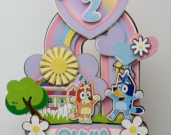 Bluey Birthday Cake Topper | Custom Name & Age | Rainbow Bluey Theme Cake Decoration | Girl 2nd Birthday Party Topper