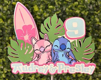 Stitch and Angel Cake Topper - Lilo and Stitch Birthday Decoration, Custom Name Age Topper, Hawaiian Luau Party Supplies, Tropical Surf Them