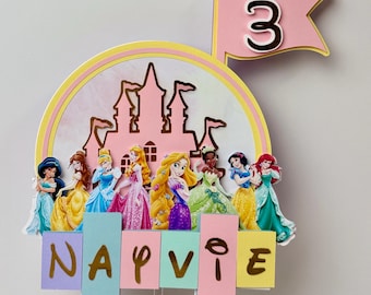 Princess Cake Topper with Name & Age, Disney Princess Birthday Cake Topper, Custom Pastel Princess Castle Topper, Girl Birthday Party Decor