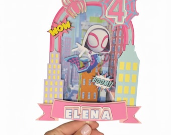 Spider-Gwen Cake Topper - Spidey and Friends Birthday Decoration, Custom Name Age Topper, Girl Superhero Party Supplies, Pink Spider Theme