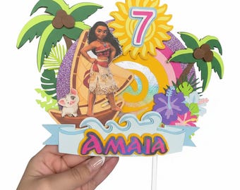Adorno para pastel de Moana - Decoración de cumpleaños de isla tropical, adorno para pastel personalizado con nombre y edad, artículos para fiesta Luau polinesia, tema de aventura oceánica