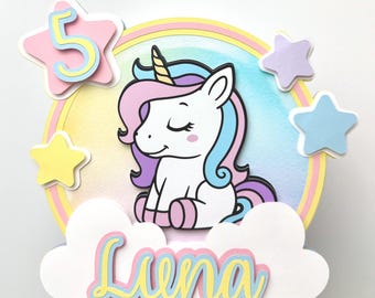 Unicorn Birthday Cake Topper for Girls – Personalized Name & Age Topper, Pastel Rainbow Unicorn Party Decoration, Custom Unicorn Topper