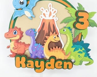 Dinosaur Cake Topper - Dino Birthday Decoration, Custom Name Age Cake Topper, Volcano Prehistoric Party Supplies, Boy Birthday Cake Decor