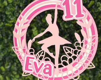 Personalized Ballerina Cake Topper: Pink Floral Rainbow Birthday Decor