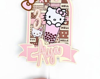 Hello Kitty Birthday Cake Topper | Custom Name & Age | Boba Milk Tea Theme | Kawaii Pink Brown Party Decoration