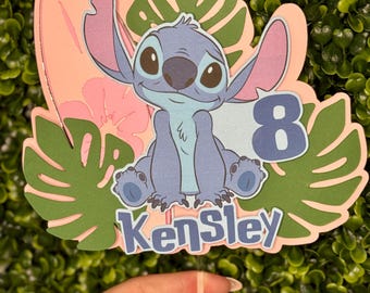 Stitch Cake Topper - Lilo and Stitch Birthday Decoration, Custom Name Age Cake Topper, Tropical Luau Party Supplies, Hawaiian Theme