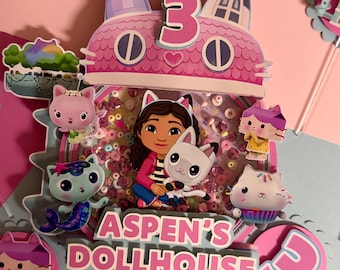 Dollhouse Cake Topper, Kitty Dollhouse Birthday Topper, Personalized Name Shaker Cake Topper, Girl Birthday Party Decor, Custom Cat Theme