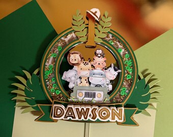 Safari Cake Topper, Jungle Birthday Cake Topper, Personalized Name Shaker Topper, Wild One Party Decor, First Birthday Boy, Custom Animal Th