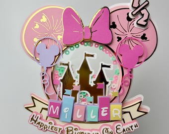 Minnie Mouse Birthday Cake Topper, Pink Castle Cake Topper, Personalized Name & Age, Disney-Inspired Girls Birthday Party Decor