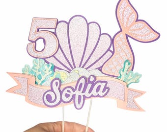 Mermaid Cake Topper - Under the Sea Birthday Decoration, Custom Name Age Topper, Seashell Mermaid Tail Cake Decor, Ocean Party Supplies
