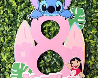 Lilo and Stitch Cake Topper - Tropical Birthday Decoration, Custom Name Age Topper, Hawaiian Luau Party Supplies, Pink Number Cake Decor