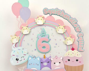 Squishmallow Birthday Cake Topper | Unicorn Rainbow Pastel Cake Topper | Custom Name & Age | Girl Birthday Party Decor