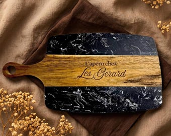 Planche apéro personnalisée, marbre noir et bois, fête des pères, cadeau crémaillère, apéritif, personnalisable, idée cadeau pas chère
