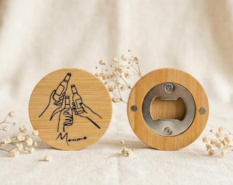 Personalized wooden bottle opener, engraved with a name, date, or design; perfect as a gift for aperitifs, birthdays, bachelor/bachelorette parties, housewarmings, or as an engraved wooden bottle opener.