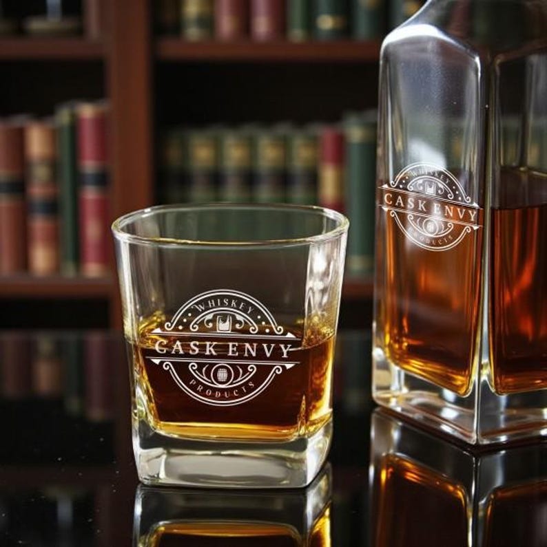 May include: A square whiskey glass and decanter filled with amber liquid. Both the glass and decanter have the text "CASK ENVY PRODUCTS" in a white, decorative font. The background features a bookshelf filled with books.