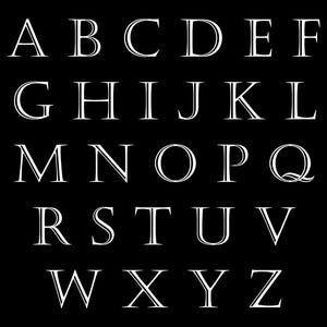 May include: A black background displays the alphabet in white, serif font. The text "#1 The Churchill" is at the top. Each letter is clearly visible, with a double-lined design. The letters are arranged in rows.