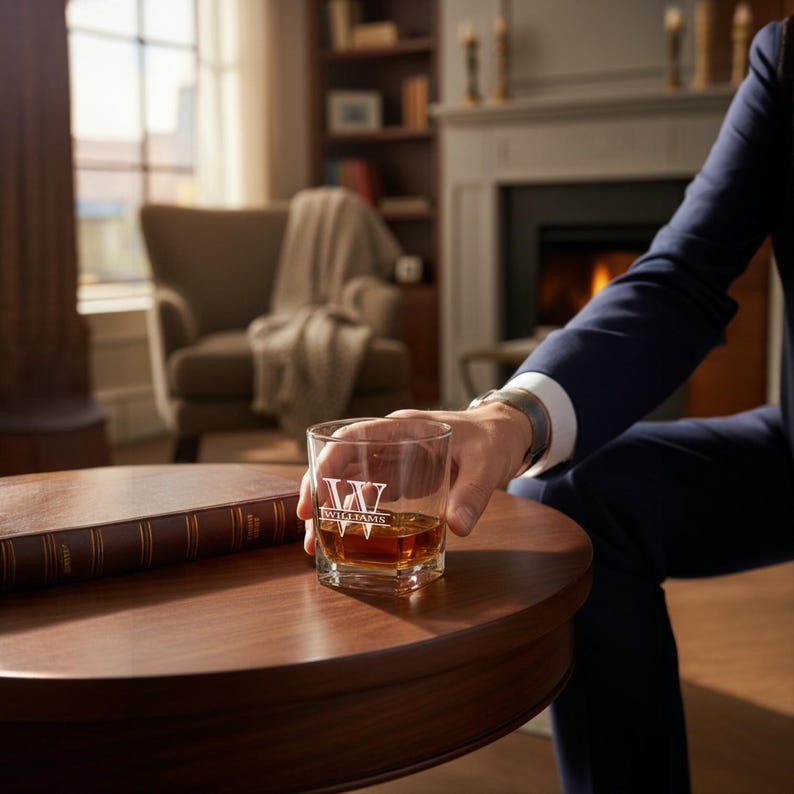 May include: A clear, square-shaped whiskey glass with the name "Williams" and a "W" logo etched in white. The glass is filled with amber-colored liquid and held on a dark brown wooden table. A leather-bound book is also on the table.