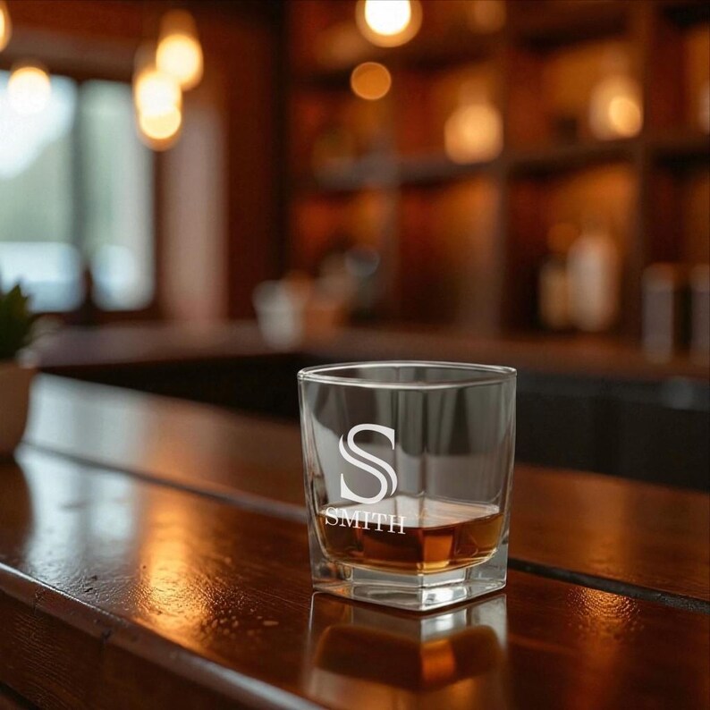 May include: A square-shaped rocks glass with a personalized "S" monogram and the name "SMITH" etched in white. The glass is filled with amber-colored liquid, likely whiskey, and sits on a wooden bar.