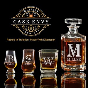 May include: A whiskey decanter and three personalized whiskey glasses with the names Bentley, Smith, and Williams, and a tumbler with the initial M. The glasses and decanter are filled with amber liquid. The Cask Envy Products logo is at the top.