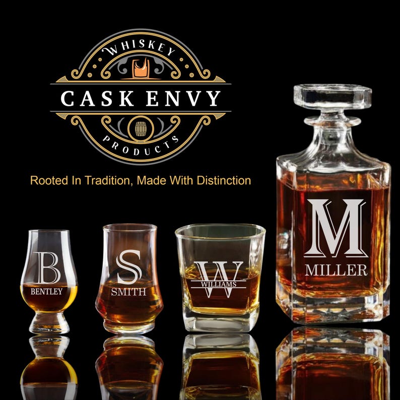 May include: A whiskey decanter and three personalized whiskey glasses with the names Bentley, Smith, and Williams, and a tumbler with the initial M. The glasses and decanter are filled with amber liquid. The Cask Envy Products logo is at the top.