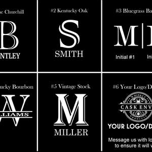 May include: A black background displays six white logo designs. The logos include initials, names, and a circular design with text. Text includes "The Churchill", "Kentucky Oak", "Bluegrass Barrel", "Kentucky Bourbon", "Vintage Stock", and "Your Logo/Design".