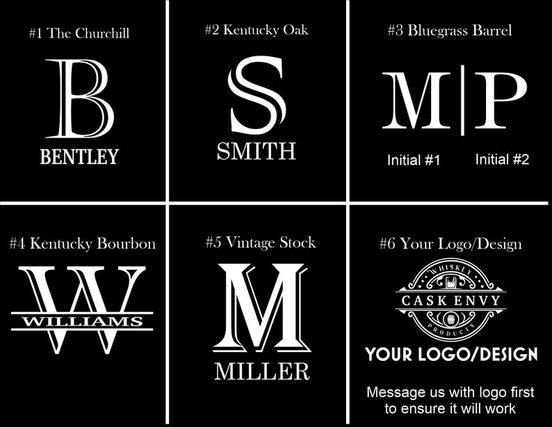 May include: A black background displays six white logo designs. The logos include initials, names, and a circular design with text. Text includes "The Churchill", "Kentucky Oak", "Bluegrass Barrel", "Kentucky Bourbon", "Vintage Stock", and "Your Logo/Design".