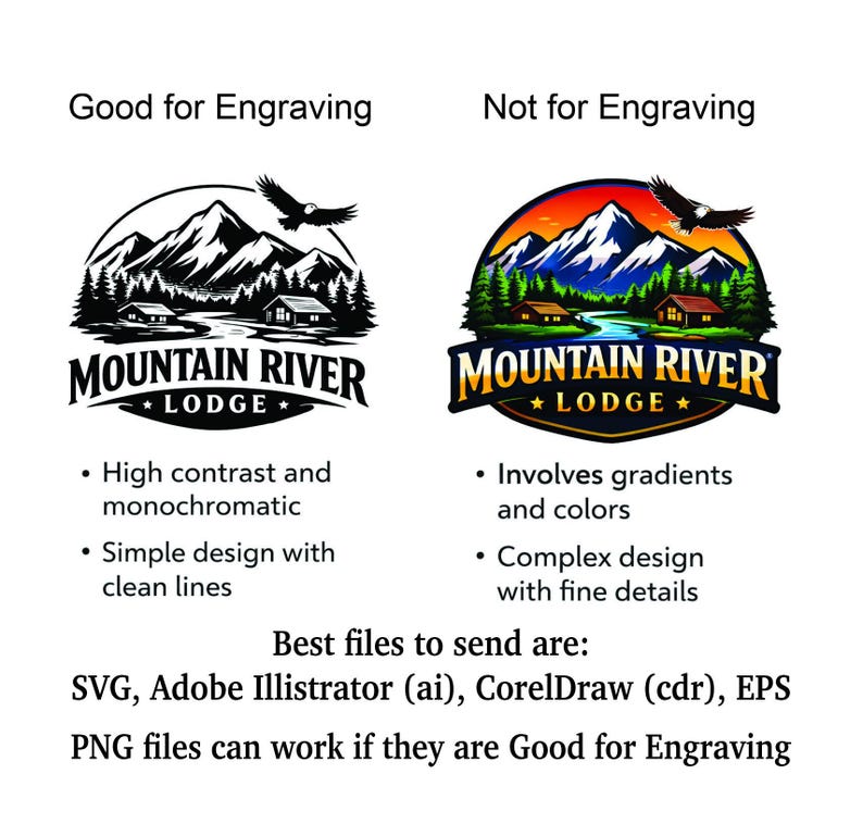 May include: An image comparing two logos for engraving. The left logo, labeled "Good for Engraving," is a black and white design of mountains, trees, and a river with the text "Mountain River Lodge." The right logo, "Not for Engraving," is colorful.