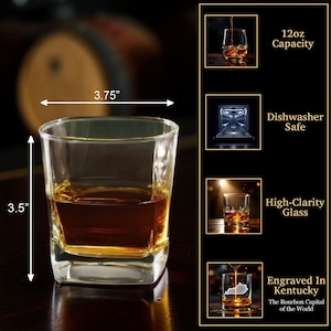 May include: A clear, square-shaped glass filled with amber liquid, measuring 3.5 inches in height and 3.75 inches wide. The image highlights the glass's 12oz capacity, dishwasher-safe feature, and high-clarity glass. Text reads "Engraved In Kentucky".