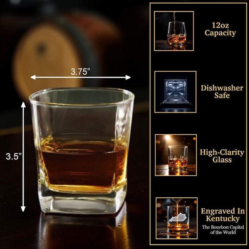 May include: A clear, square-shaped glass filled with amber liquid, measuring 3.5 inches in height and 3.75 inches wide. The image highlights the glass's 12oz capacity, dishwasher-safe feature, and high-clarity glass. Text reads "Engraved In Kentucky".