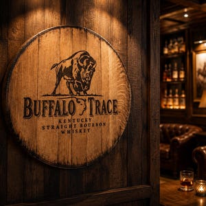 May include: A circular wooden sign featuring the Buffalo Trace logo, which includes a black illustration of a buffalo and the text Buffalo Trace Kentucky Straight Bourbon Whiskey, mounted on a dark wood paneled wall in a dimly lit room.
