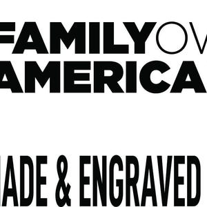 May include: The image features the American flag next to the words "FAMILY OWNED AMERICAN MADE." Below, the text reads "GLASSES MADE & ENGRAVED IN THE USA." The design is in black and red, emphasizing the product's origin and craftsmanship.