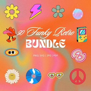 50 Funky Retro Graphics: Svg, Png, Jpg & Pdf Bundle  - Colorful Vintage Designs, Retro Style Illustrations, Hippie Decor and Digital Art