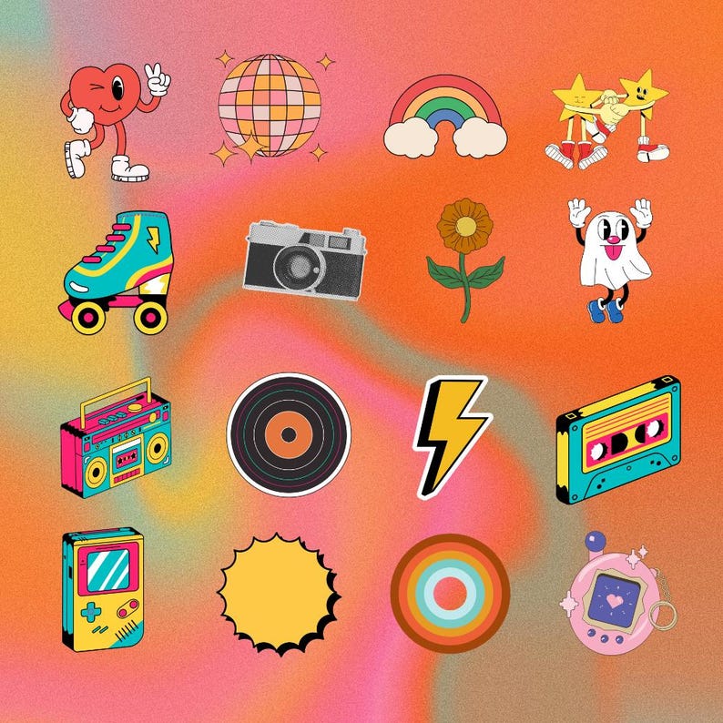 50 Funky Retro Graphics: Svg, Png, Jpg & Pdf Bundle - Colorful Vintage ...