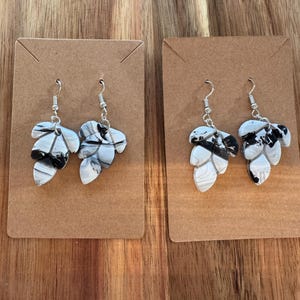 Black and White Marbled Leaf Dangle Earrings,  Polymer Clay, Handmade