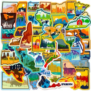 May include: A collection of colorful stickers featuring the outlines of U.S. states. Each sticker showcases iconic landmarks, landscapes, and cityscapes, with state names prominently displayed. The stickers are in various shapes and sizes.