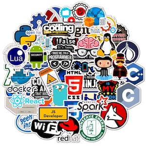May include: A collection of colorful stickers featuring software development and programming-related logos and icons. Includes logos for Git, Python, HTML, and more. The stickers have various shapes and sizes, with text like "I love coding" and "JS Developer".