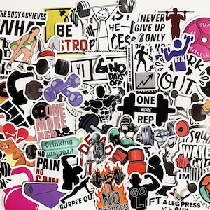 May include: A collection of fitness-themed stickers with various designs. The stickers feature motivational phrases like "No Pain No Gain" and images of weightlifting, dumbbells, and silhouettes of people working out. Colors include black, white, red, and purple.