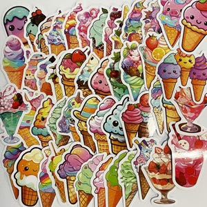 May include: A collection of colorful ice cream cone stickers with various toppings and designs. The stickers feature cartoon characters, swirls, sprinkles, and other fun details.