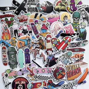 May include: A collection of colorful skateboard-themed stickers featuring various designs, including skeletons, skulls, and cartoon characters. The stickers have phrases like "Skateboard", "Totally Board", "Skater", and "Make Me Happy".