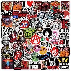 May include: A collection of colorful rock and roll themed stickers. The stickers feature band names, logos, and graphics. Some of the bands featured include AC/DC, Nirvana, The Rolling Stones, and Red Hot Chili Peppers.