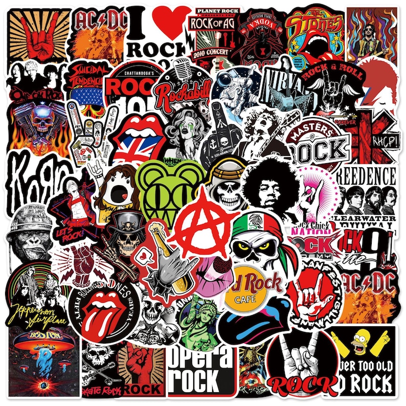 May include: A collection of colorful rock and roll themed stickers. The stickers feature band names, logos, and graphics. Some of the bands featured include AC/DC, Nirvana, The Rolling Stones, and Red Hot Chili Peppers.