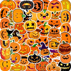 May include: A collection of Halloween-themed stickers featuring various carved pumpkins in shades of orange, black, and yellow. The stickers showcase different facial expressions, including smiling, spooky, and playful designs, perfect for seasonal crafts.